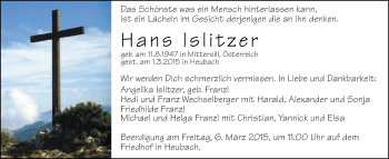 Traueranzeige von Hans Islitzer von Gmünder Tagespost