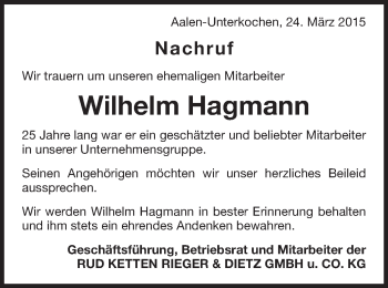 Traueranzeige von Wilhelm Hagmann von Schwäbische Post