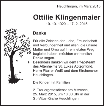 Traueranzeige von Ottilie Klingenmaier von Gmünder Tagespost