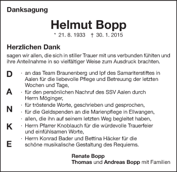 Traueranzeige von Helmut Bopp von Schwäbische Post
