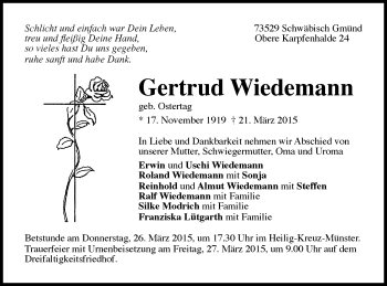 Traueranzeige von Gertrud Wiedemann von Gmünder Tagespost