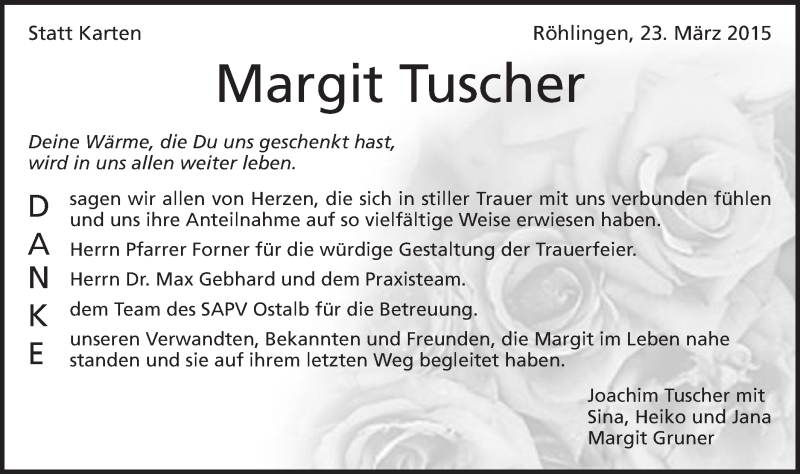  Traueranzeige für Margit Tuscher vom 23.03.2015 aus Schwäbische Post