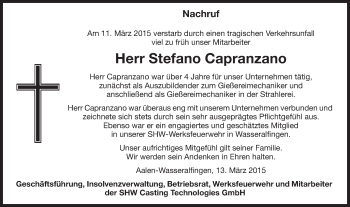 Traueranzeige von Stefano Capranzano von Schwäbische Post