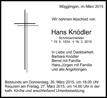 Traueranzeige von Hans Knödler von Gmünder Tagespost