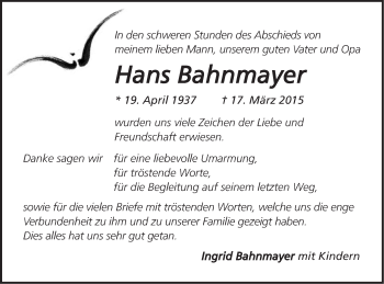 Traueranzeige von Hans Bahnmayer von Gmünder Tagespost