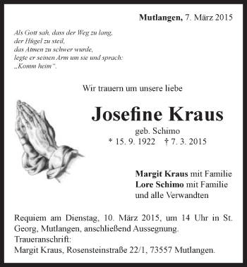 Traueranzeige von Josefine Krauss von Gmünder Tagespost