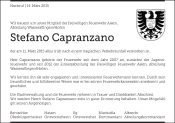 Traueranzeige von Stefano Capranzano von Schwäbische Post
