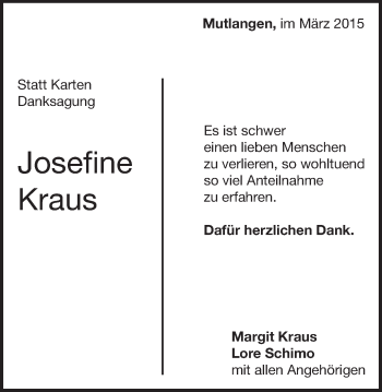 Traueranzeige von Josefine Kraus von Gmünder Tagespost