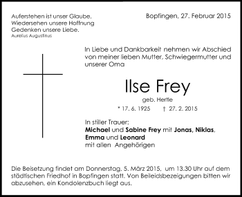 Traueranzeige von Ilse Frey  von Schwäbische Post