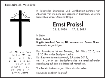 Traueranzeige von Ernst Proissl von Schwäbische Post