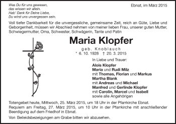 Traueranzeige von Maria Klopfer von Schwäbische Post