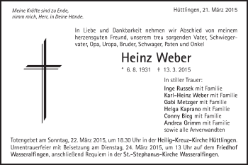 Traueranzeige von Heinz Weber von Schwäbische Post