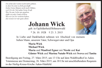 Traueranzeige von Johann Wick von Schwäbische Post