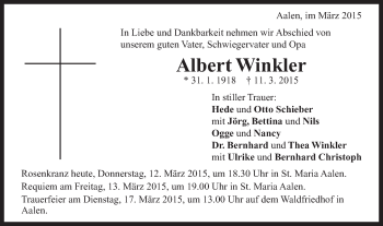 Traueranzeige von Albert Winkler von Schwäbische Post