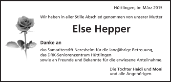 Traueranzeige von Else Hepper von Schwäbische Post