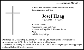 Traueranzeige von Josef Haag von Schwäbische Post