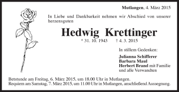 Traueranzeige von Hedwig Krettinger von Gmünder Tagespost