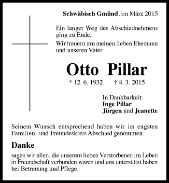 Traueranzeige von Otto Pillar von Gmünder Tagespost