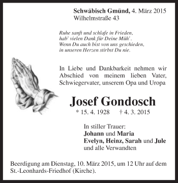 Traueranzeige von Josef Gondosch von Gmünder Tagespost