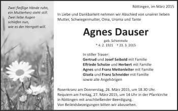 Traueranzeige von Agnes Dauser von Schwäbische Post