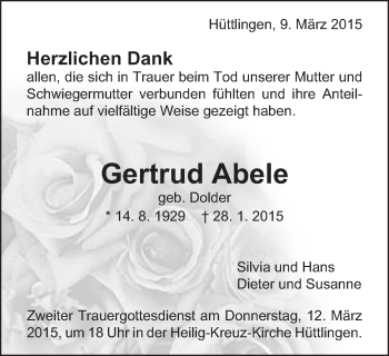 Traueranzeige von Gertrud Abele von Schwäbische Post