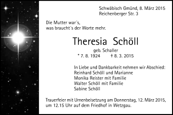 Traueranzeige von Theresia Schöll von Gmünder Tagespost
