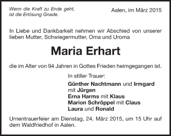 Traueranzeige von Maria Erhart von Schwäbische Post