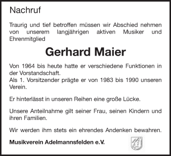 Traueranzeige von Gerhard Maier von Schwäbische Post