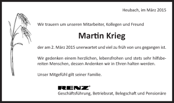 Traueranzeige von Martin Krieg von Gmünder Tagespost