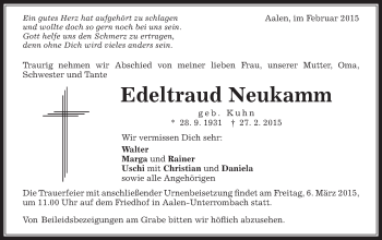 Traueranzeige von Edeltraud Neukamm von Schwäbische Post