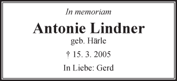 Traueranzeige von Antonie Lindner von Schwäbische Post