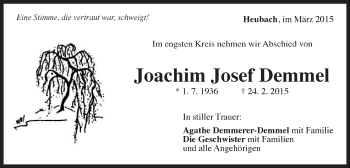Traueranzeige von Joachim Josef Demmel von Gmünder Tagespost