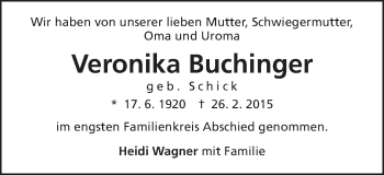 Traueranzeige von Veronika Buchinger von Schwäbische Post