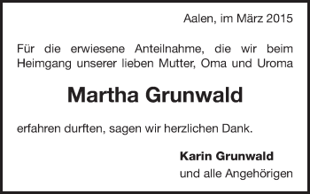 Traueranzeige von Martha Grunwald von Schwäbische Post