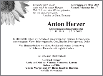 Traueranzeige von Anton Herzer von Gmünder Tagespost