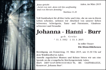 Traueranzeige von Johanna Burr von Schwäbische Post