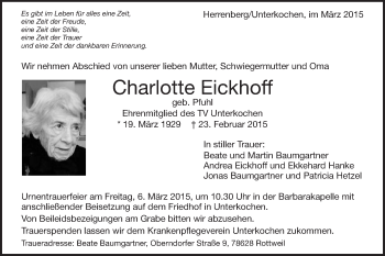 Traueranzeige von Charlotte Eickhoff von Schwäbische Post