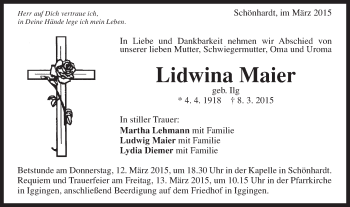 Traueranzeige von Lidwina Maier von Gmünder Tagespost