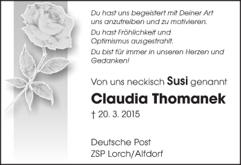 Traueranzeige von Claudia Thomanek von Gmünder Tagespost