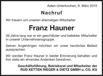 Traueranzeige von Franz Hauner von Schwäbische Post