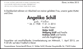 Traueranzeige von Angelika Schill von Schwäbische Post