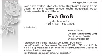Traueranzeige von Eva Groß von Schwäbische Post