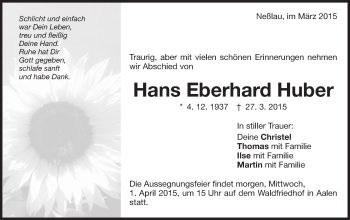 Traueranzeige von Hans Eberhard Huber von Schwäbische Post