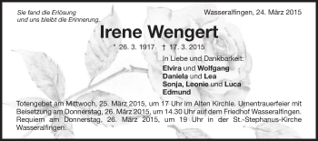 Traueranzeige von Irene Wengert von Schwäbische Post