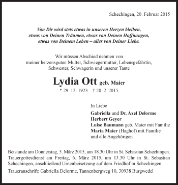 Traueranzeige von Lydia Ott von Gmünder Tagespost