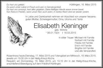 Traueranzeige von Elisabeth Kieninger  von Schwäbische Post