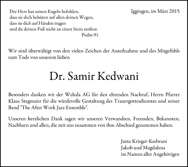  Traueranzeige für Samir Kedwani vom 28.03.2015 aus Gmünder Tagespost