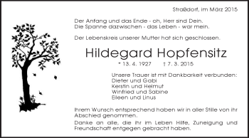 Traueranzeige von Hildegard Hopfensitz von Gmünder Tagespost