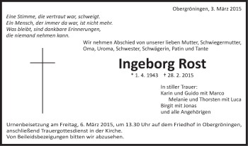 Traueranzeige von Ingeborg Rost von Gmünder Tagespost