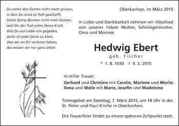 Traueranzeige von Hedwig Ebert von Schwäbische Post